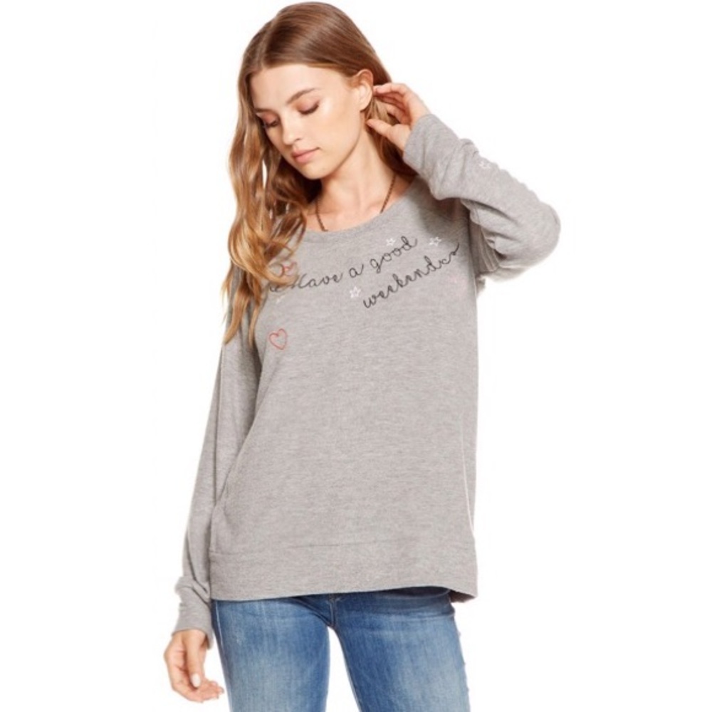 new Chaser ✰ Have a Good Weekend Embroidered Sweater Sweatshirt Pullover ✰ Gray - Picture 1 of 13